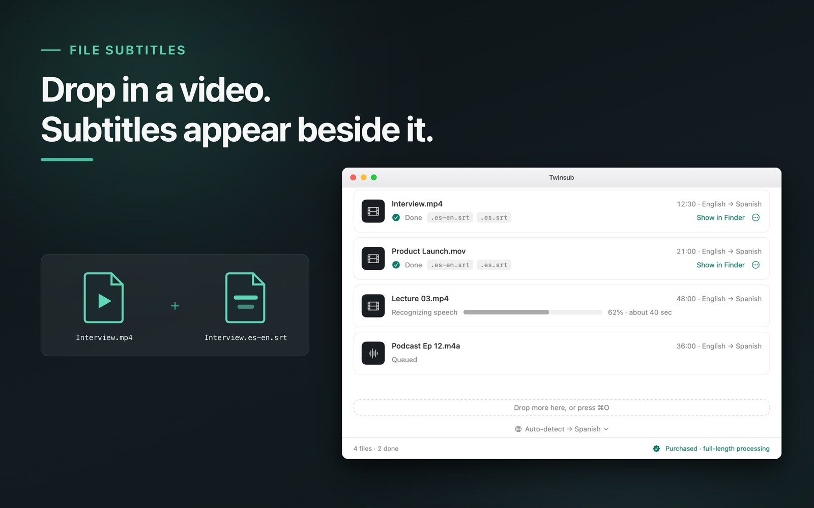 Twinsubs main window: finished videos in the queue, with the generated subtitle files next to them