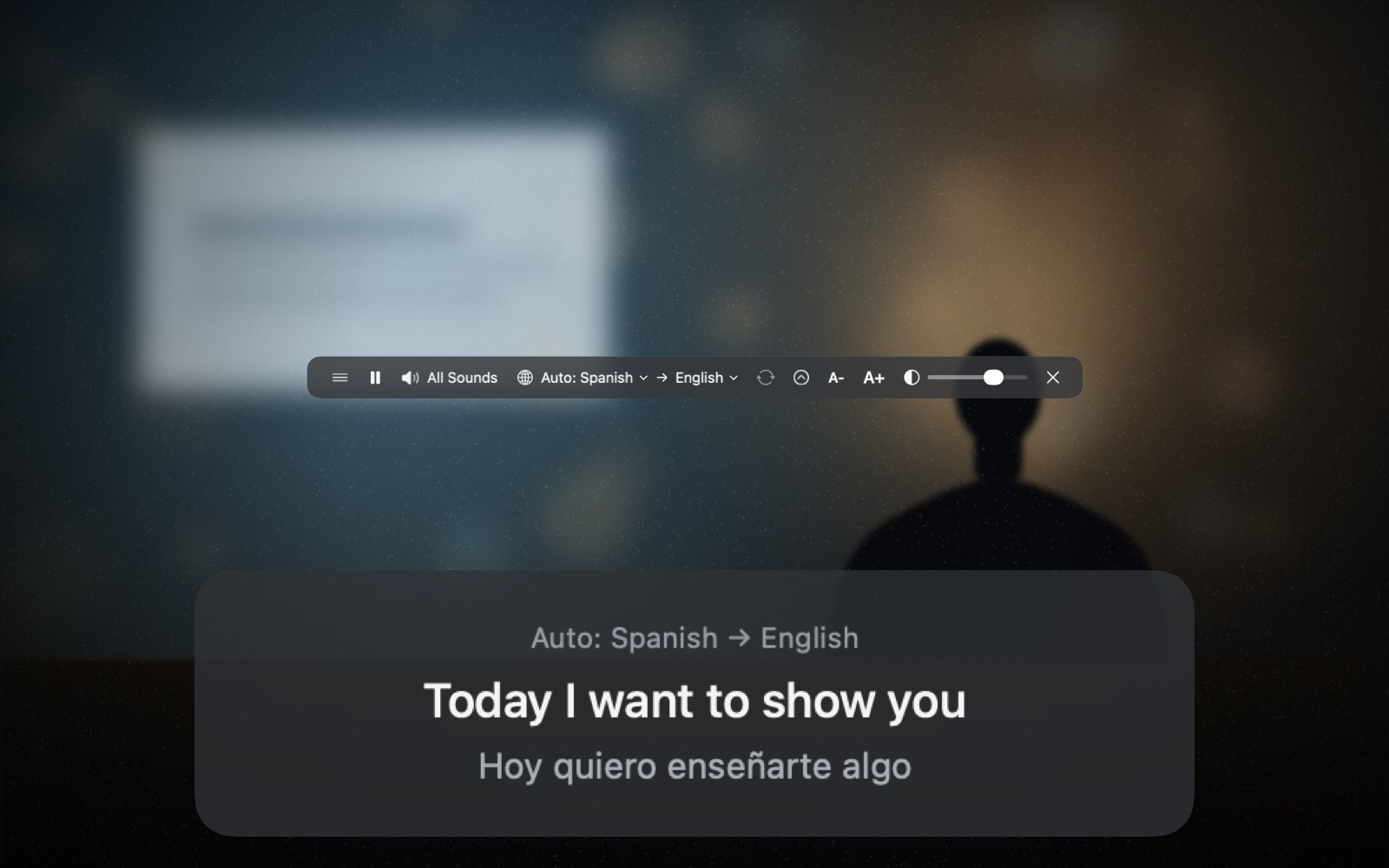 Live translation: a floating bilingual caption at the bottom of the screen, showing the original and the translation