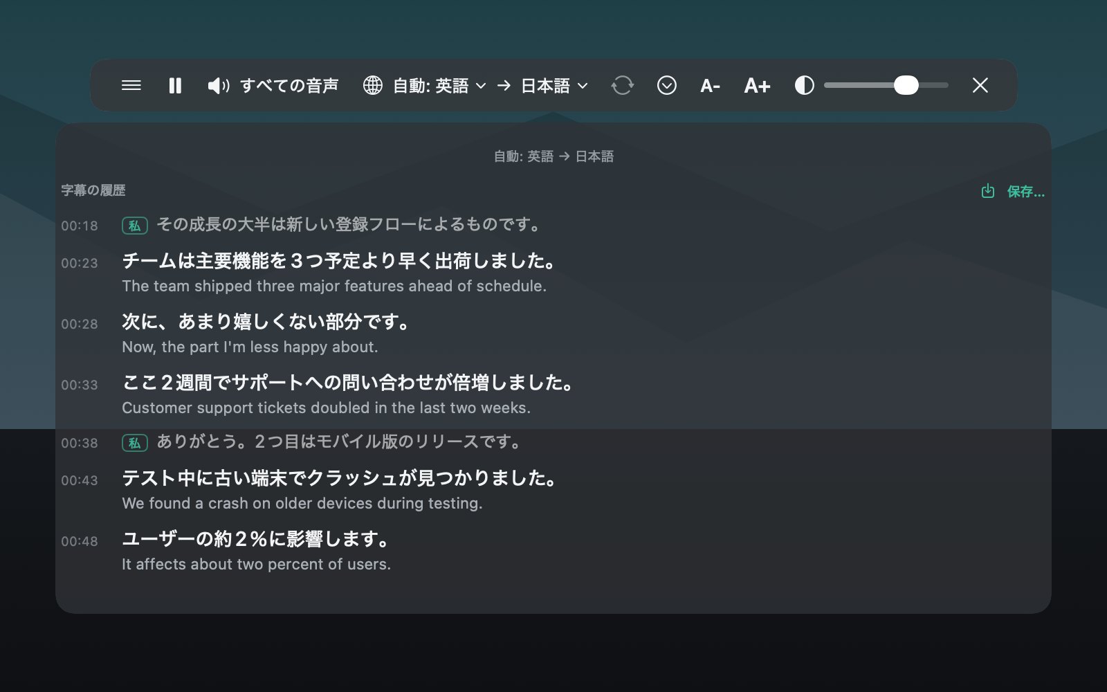 展開したリアルタイム翻訳の記録：時刻順に並ぶ原文と訳文