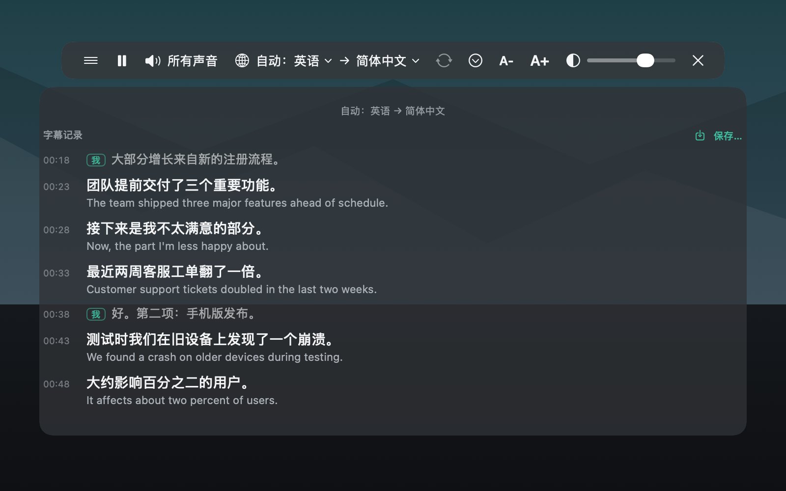 展开后的实时翻译记录：按时间排列的原文和译文