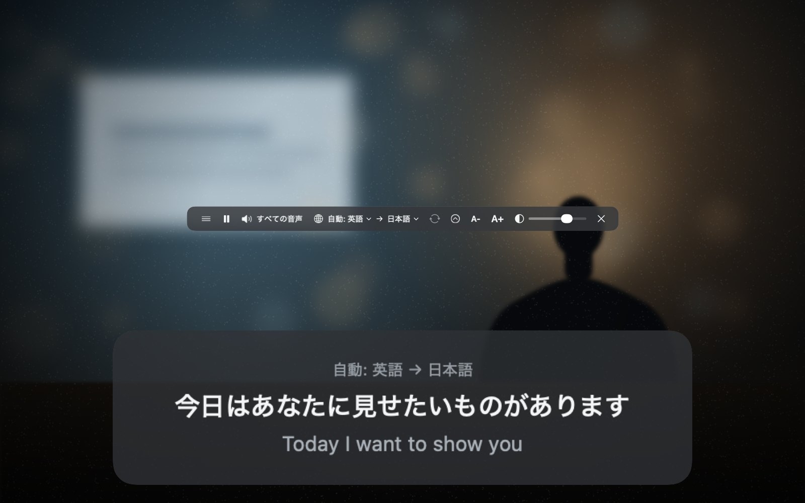 リアルタイム翻訳：画面下のフローティング字幕。上に訳文、下に原文